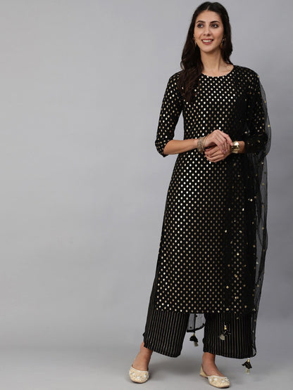 Women Black Geogrette Foil Printed Straight Kurta Set With Palazo & Sequence Dupatta