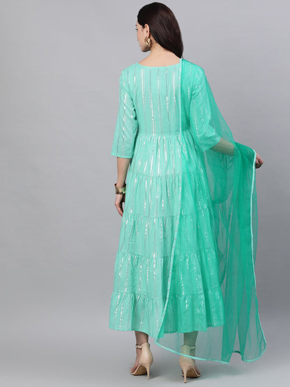 Women Green Solid Round Neck Cotton Maxi Dress With Net Dupatta